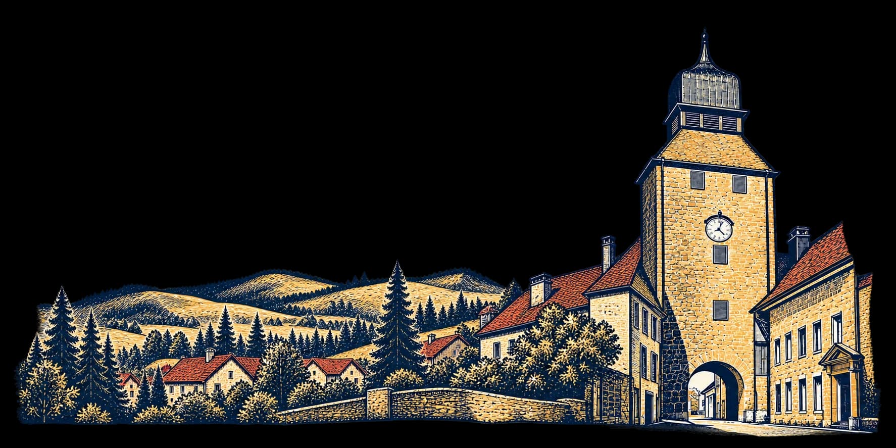 Gravure de la Porte de l’Horloge, des maisons et des collines du Jura.